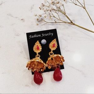 Indian Red & Gold Jhumka Drop Earrings